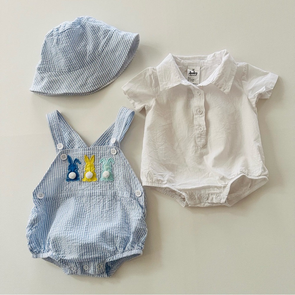Baby Starters Boy 3 Months Easter Bunny Tail Set Outfit Spring Hat Romper Blue